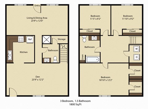 Floor plan for 3 beds, 2 baths, 1800 sqft